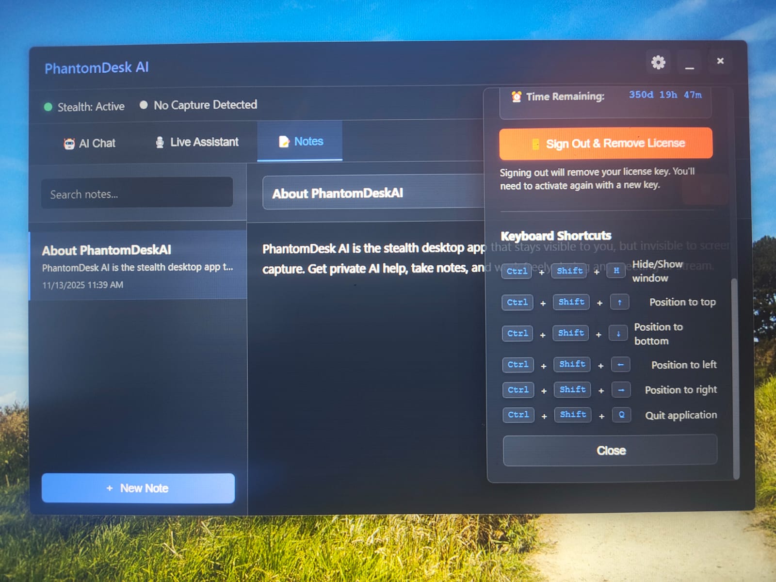 PhantomDesk AI Settings with Keyboard Shortcuts